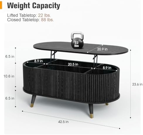 Oval Lift Top Coffee Table with Storage for Living Room,43", Black in Black, alternate view 2
