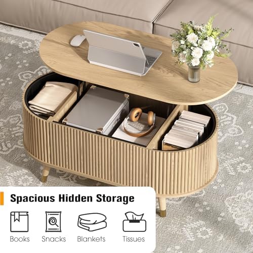 Oval Lift Top Coffee Table with Storage for Living Room,43", Oak, alternate view 3