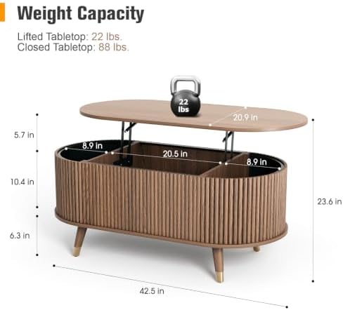 Oval Lift Top Coffee Table with Storage for Living Room,43", Walnut, alternate view 2