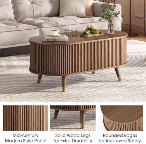 Oval Lift Top Coffee Table with Storage for Living Room,43", Walnut, alternate view 4