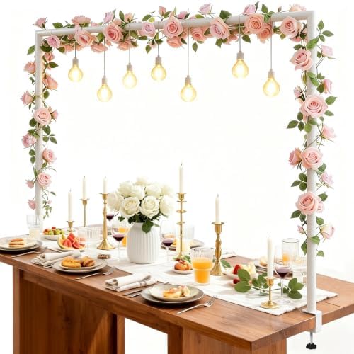 Over The Table Rod Stand with Clamps, Adjustable 32"-102'' Length 14"-56" Height Metal White Table Arch Hanging