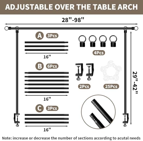 Over The Table Rod Stand with Clamps Table Backdrop Stand Adjustable 29"-42" Tall 28"-98" Length Balloon Arch, alternate view