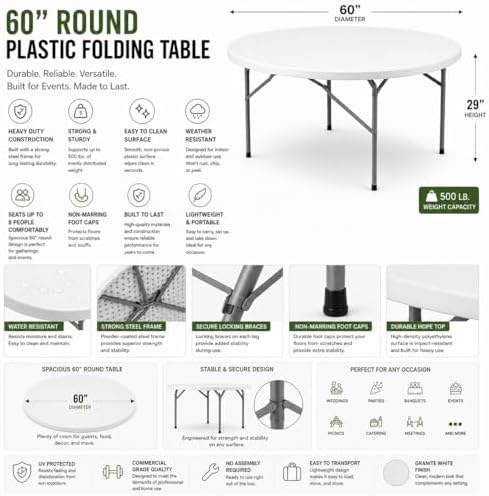 Pack 7! 60 Inch Round Folding Table, Commercial Grade Plastic Event Table, Heavy Duty Indoor Outdoor Banquet, alternate view