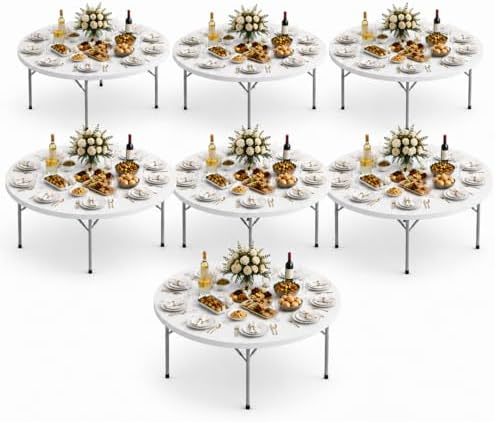 Pack 7! Heavy Duty 60" Round Folding Table, Commercial Plastic Banquet Table, Portable Indoor Outdoor Event