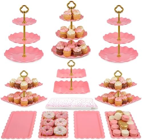 Pack of 11 Cake Stand Set of Cupcake Stand, Tray & Table Cloth (Pink) in Pink