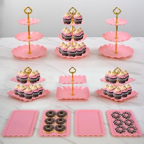 Pack of 11 Cake Stand Set of Cupcake Stand, Tray & Table Cloth (Pink) in Pink, alternate view 2