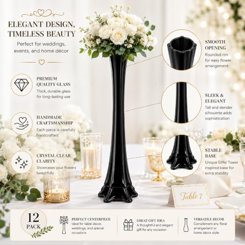 Pack of 12, Eiffel Tower Vases Centerpiece for Flower, Wedding, Decoration. (24", Black) in 24" Black, alternate view 4