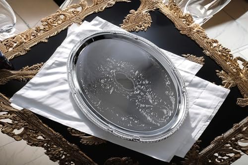 (Pack of 4) 14.7" x 10.6" Oval Shape Chrome Plated Serving Tray Plate Food Art Deco Floral Pattern Engraved, alternate view 2