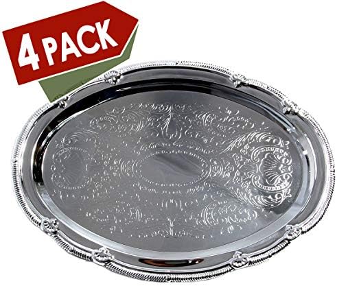 (Pack of 4) 14.7" x 10.6" Oval Shape Chrome Plated Serving Tray Plate Food Art Deco Floral Pattern Engraved, alternate view 4