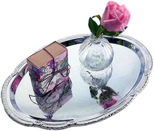 (Pack of 4) 14.7" x 10.6" Oval Shape Chrome Plated Serving Tray Plate Food Art Deco Floral Pattern Engraved, alternate view 5