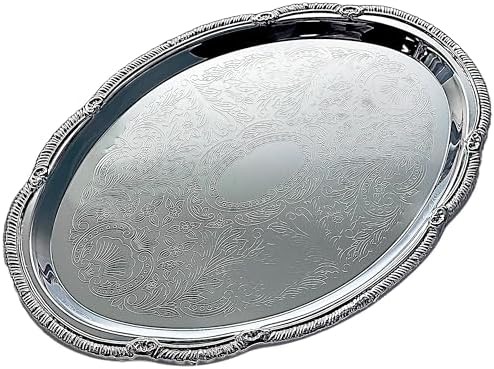 (Pack of 4) 14.7" x 10.6" Oval Shape Chrome Plated Serving Tray Plate Food Art Deco Floral Pattern Engraved, alternate view 7