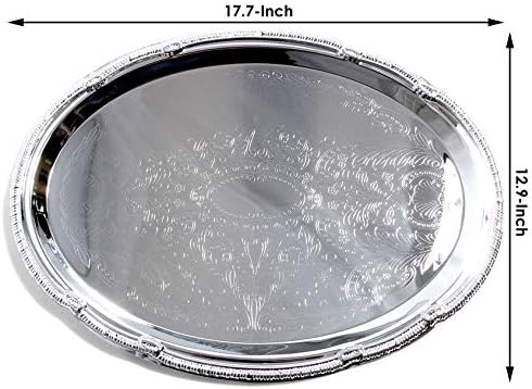 (Pack of 4) 17.7" x 12.9" Oval Shape Chrome Plated Serving Tray Plate Food Art Decor Floral Pattern Engraved, alternate view