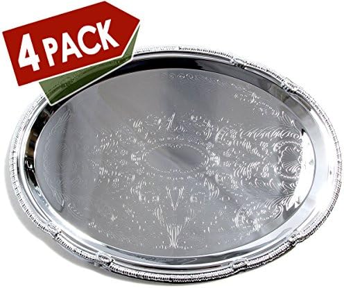 (Pack of 4) 17.7" x 12.9" Oval Shape Chrome Plated Serving Tray Plate Food Art Decor Floral Pattern Engraved, alternate view