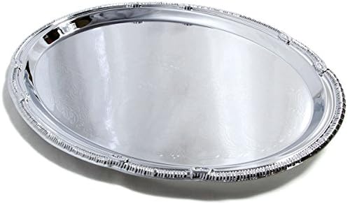 (Pack of 4) 17.7" x 12.9" Oval Shape Chrome Plated Serving Tray Plate Food Art Decor Floral Pattern Engraved, alternate view