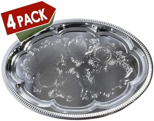(Pack of 4 Elegant Floral Engraved Serving Tray Chrome Plated Steel Plate Platter Wedding Birthday Holiday Party, alternate