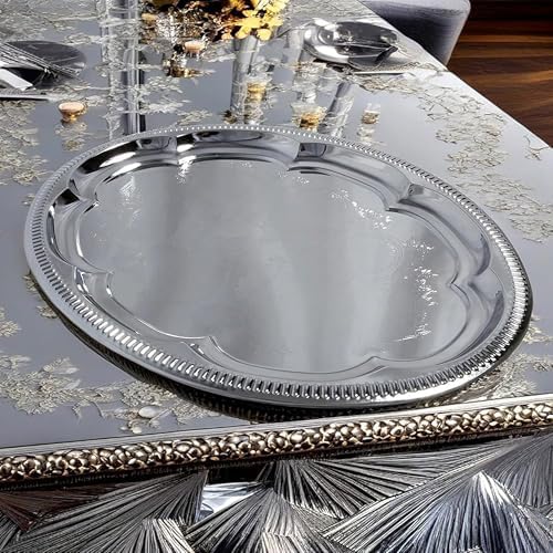 (Pack of 4 Elegant Floral Engraved Serving Tray Chrome Plated Steel Plate Platter Wedding Birthday Holiday Party, alternate