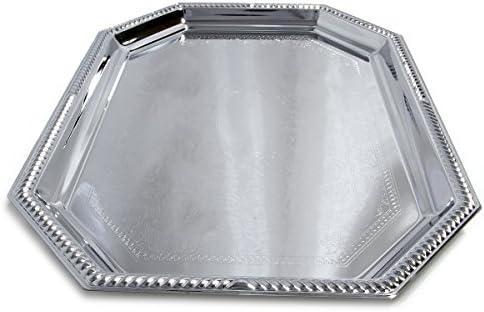 (Pack of 4) Elegant Floral Engraved Serving Tray Chrome Plated Steel Plate Platter Decorative Wedding Birthday, alternate