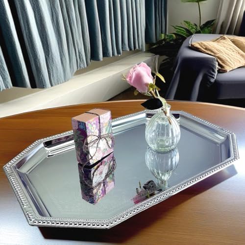 (Pack of 4) Elegant Floral Engraved Serving Tray Chrome Plated Steel Plate Platter Decorative Wedding Birthday, alternate