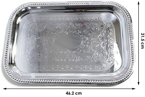 (Pack of 4) Elegant Floral Engraved Serving Tray Chrome Plated Steel Plate Platter Decorative Wedding Birthday, alternate