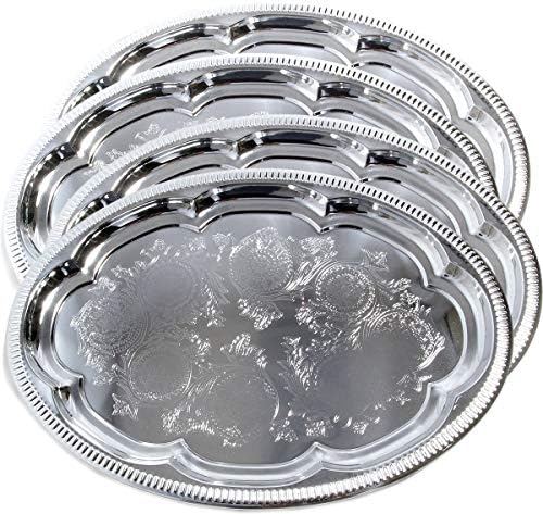 (Pack of 4 Elegant Floral Engraved Serving Tray Chrome Plated Steel Plate Platter Wedding Birthday Holiday Party