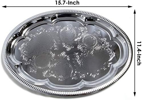 (Pack of 4 Elegant Floral Engraved Serving Tray Chrome Plated Steel Plate Platter Wedding Birthday Holiday Party, alternate