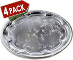 (Pack of 4 Elegant Floral Engraved Serving Tray Chrome Plated Steel Plate Platter Wedding Birthday Holiday Party, alternate