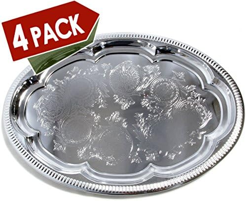 (Pack of 4 Elegant Floral Engraved Serving Tray Chrome Plated Steel Plate Platter Wedding Birthday Holiday Party, alternate