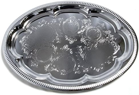 (Pack of 4 Elegant Floral Engraved Serving Tray Chrome Plated Steel Plate Platter Wedding Birthday Holiday Party, alternate