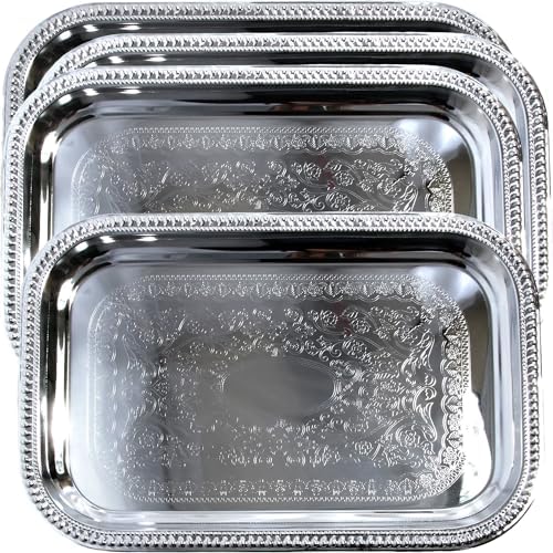 (Pack of 4) Elegant Floral Engraved Serving Tray Chrome Plated Steel Plate Platter Decorative Wedding Birthday