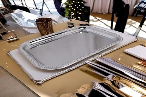 (Pack of 4) Elegant Floral Engraved Serving Tray Chrome Plated Steel Plate Platter Decorative Wedding Birthday, alternate