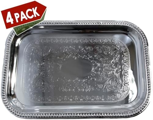 (Pack of 4) Elegant Floral Engraved Serving Tray Chrome Plated Steel Plate Platter Decorative Wedding Birthday, alternate
