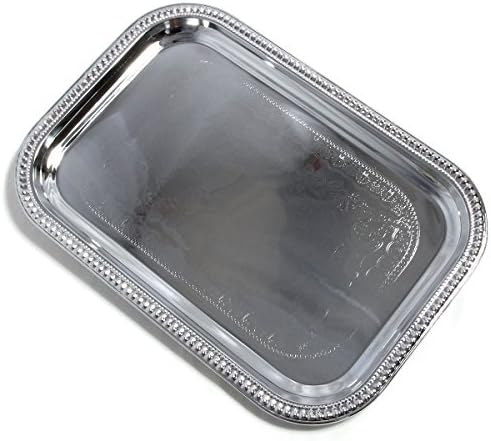 (Pack of 4) Elegant Floral Engraved Serving Tray Chrome Plated Steel Plate Platter Decorative Wedding Birthday, alternate