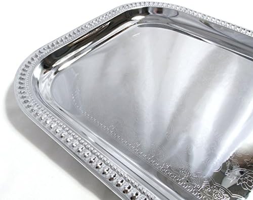 (Pack of 4) Elegant Floral Engraved Serving Tray Chrome Plated Steel Plate Platter Decorative Wedding Birthday, alternate