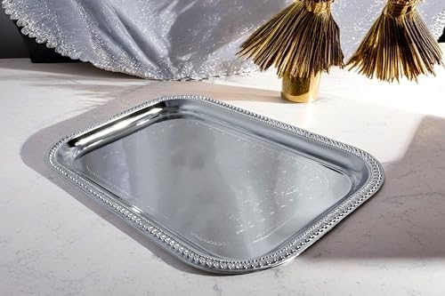 (Pack of 4) Elegant Floral Engraved Serving Tray Chrome Plated Steel Plate Platter Decorative Wedding Birthday, alternate