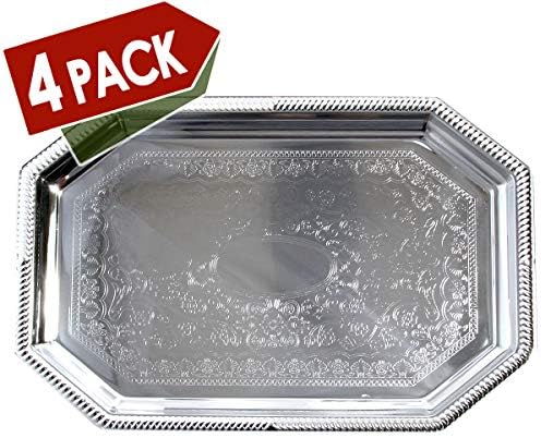 (Pack of 4) Elegant Floral Engraved Serving Tray Chrome Plated Steel Plate Platter Decorative Wedding Birthday, alternate
