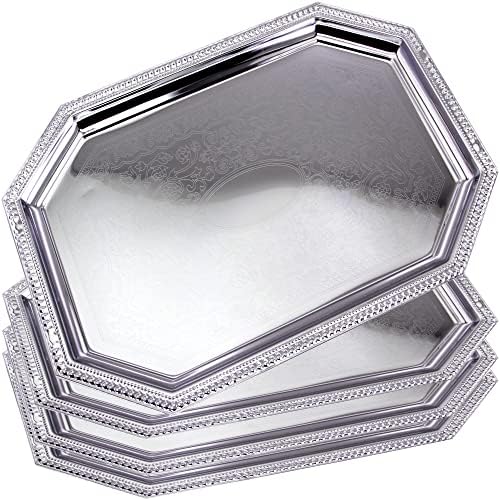 (Pack of 4) Elegant Floral Engraved Serving Tray Chrome Plated Steel Plate Platter Decorative Wedding Birthday, alternate