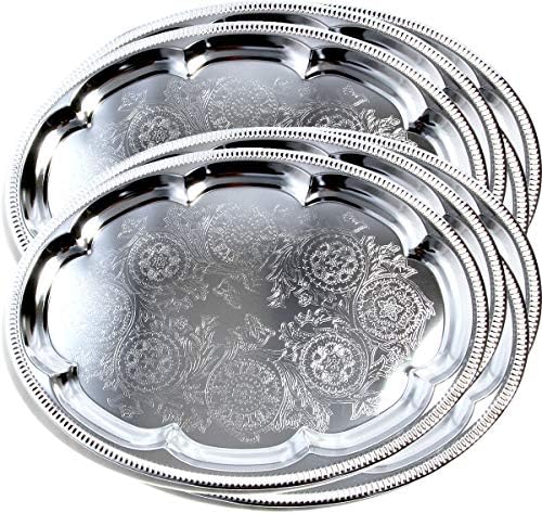 (Pack of 4 Elegant Floral Engraved Serving Tray Chrome Plated Steel Plate Platter Wedding Birthday Holiday Party