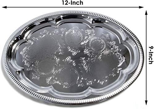 (Pack of 4 Elegant Floral Engraved Serving Tray Chrome Plated Steel Plate Platter Wedding Birthday Holiday Party, alternate