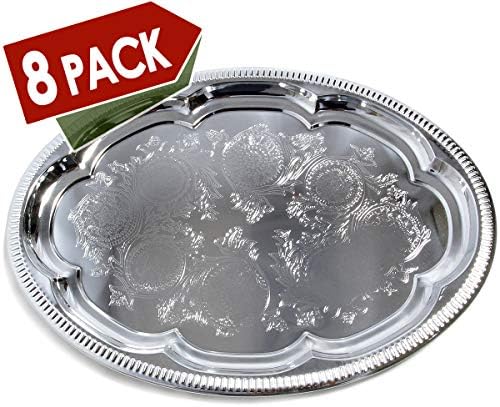 (Pack of 4 Elegant Floral Engraved Serving Tray Chrome Plated Steel Plate Platter Wedding Birthday Holiday Party, alternate
