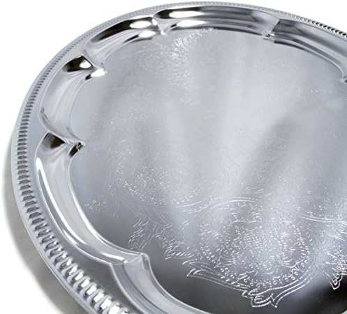 (Pack of 4 Elegant Floral Engraved Serving Tray Chrome Plated Steel Plate Platter Wedding Birthday Holiday Party, alternate