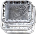 (Pack of 4) Oblong Elegant Floral Engraved Serving Tray Chrome Plated Steel Plate Platter Wedding Birthday