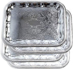 (Pack of 4) Oblong Elegant Floral Engraved Serving Tray Chrome Plated Steel Plate Platter Wedding Birthday