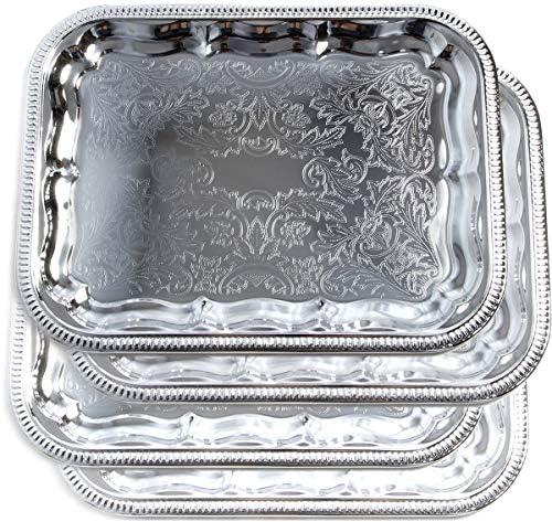 (Pack of 4) Oblong Elegant Floral Engraved Serving Tray Chrome Plated Steel Plate Platter Wedding Birthday