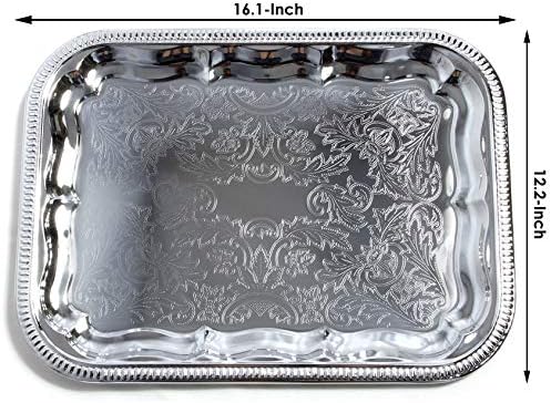 (Pack of 4) Oblong Elegant Floral Engraved Serving Tray Chrome Plated Steel Plate Platter Wedding Birthday, alternate view 3