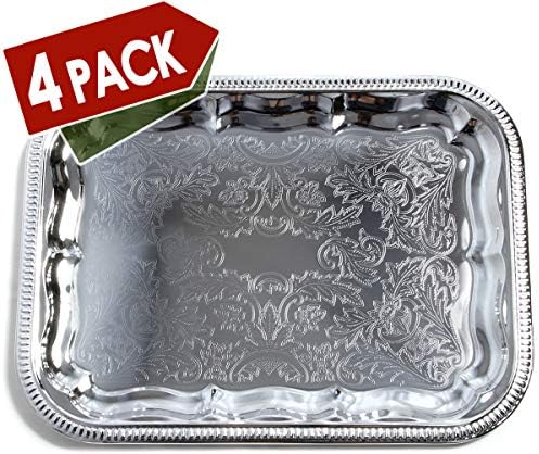 (Pack of 4) Oblong Elegant Floral Engraved Serving Tray Chrome Plated Steel Plate Platter Wedding Birthday, alternate view 4