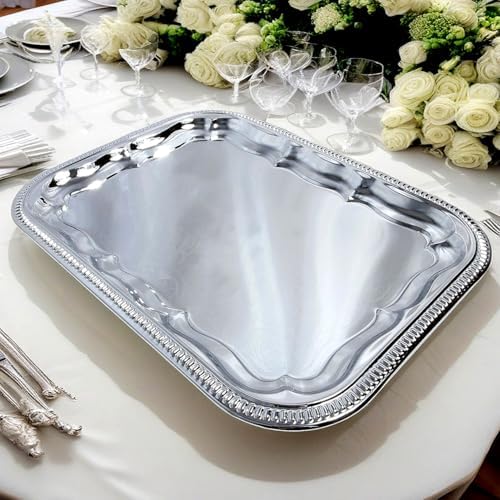 (Pack of 4) Oblong Elegant Floral Engraved Serving Tray Chrome Plated Steel Plate Platter Wedding Birthday, alternate view 5