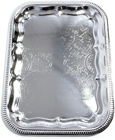 (Pack of 4) Oblong Elegant Floral Engraved Serving Tray Chrome Plated Steel Plate Platter Wedding Birthday, alternate view 6
