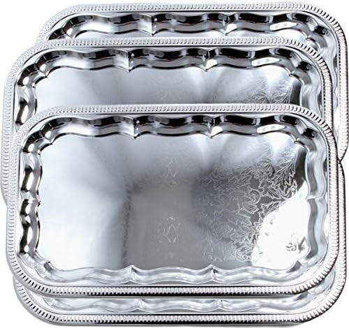 (Pack of 4) Oblong Elegant Floral Engraved Serving Tray Chrome Plated Steel Plate Platter Wedding Birthday