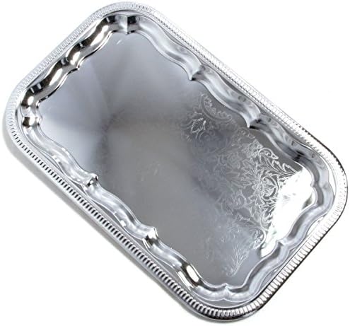 (Pack of 4) Oblong Elegant Floral Engraved Serving Tray Chrome Plated Steel Plate Platter Wedding Birthday, alternate view 6