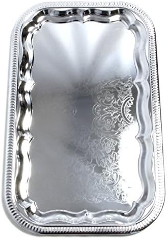 (Pack of 4) Oblong Elegant Floral Engraved Serving Tray Chrome Plated Steel Plate Platter Wedding Birthday, alternate view 7